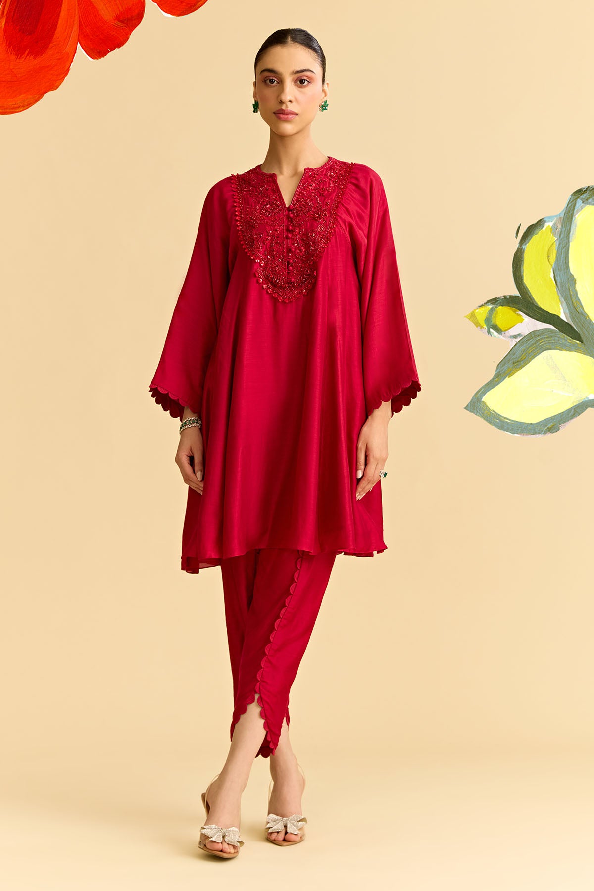 Red Silk Flared Short Kurta With Tulip Pants