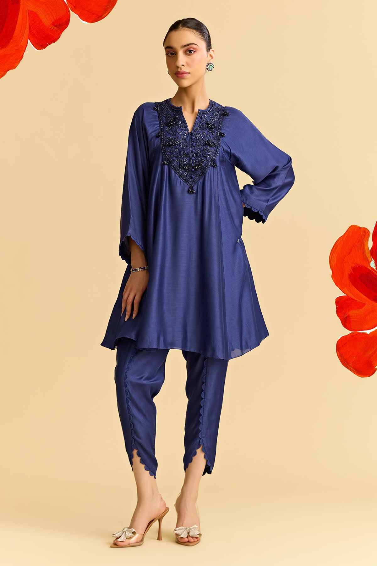 Blue Silk Flared Short Kurta With Tulip Pants