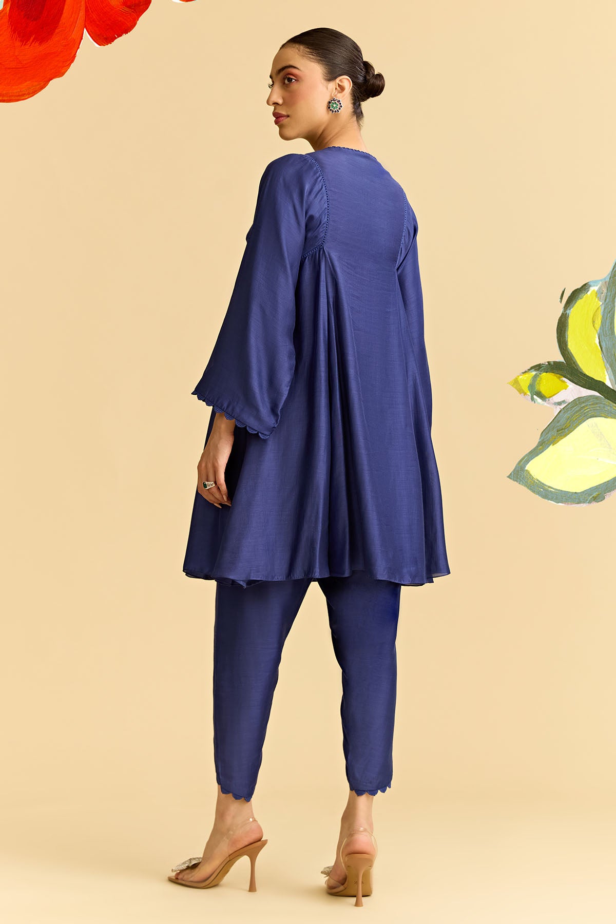 Blue Silk Flared Short Kurta With Tulip Pants