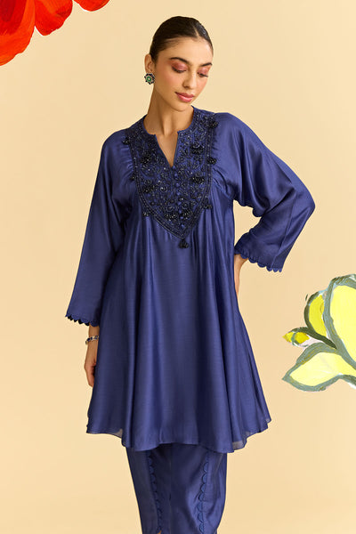 Blue Silk Flared Short Kurta With Tulip Pants