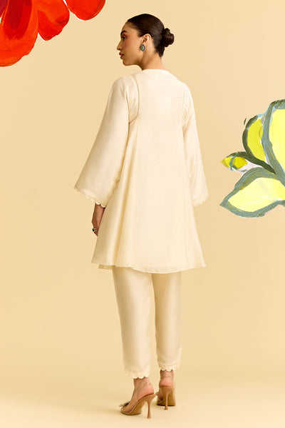 Ivory Silk Flared Short Kurta With Tulip Pants