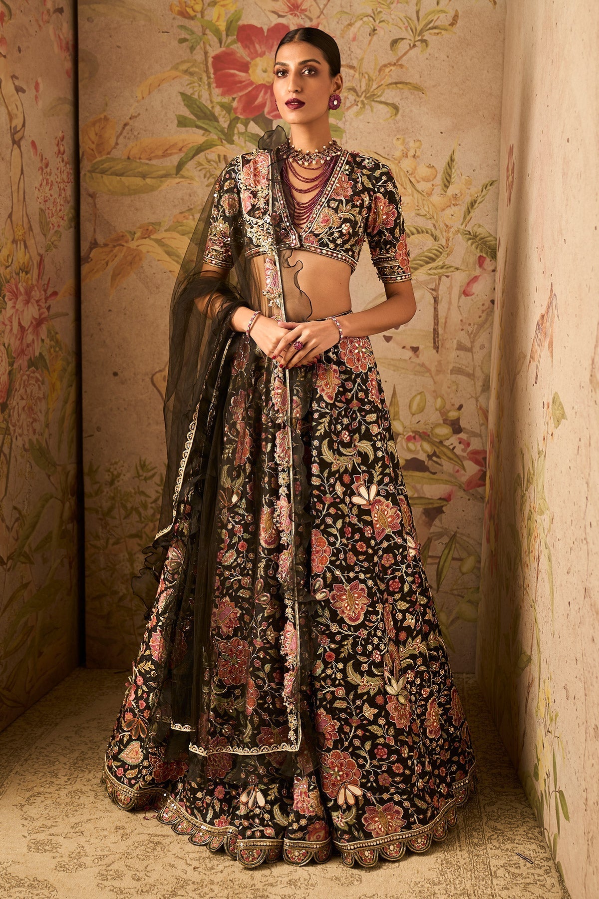 R-M-Black Raw Silk Printed Heavy Embroidered Lehenga