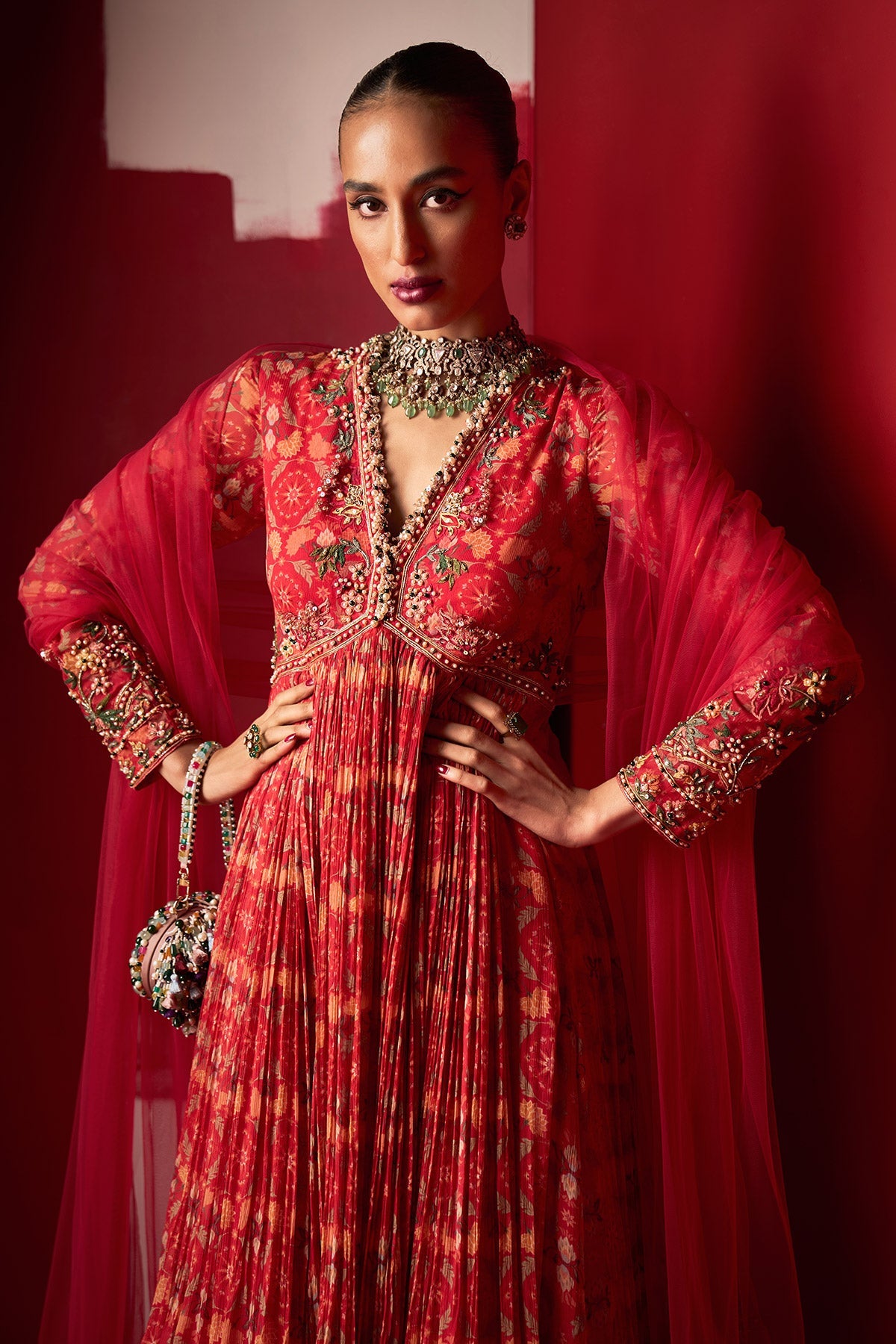 RIDHI-MEHRA--Red Printed Chiffon Embroidered Full Length Anarkali