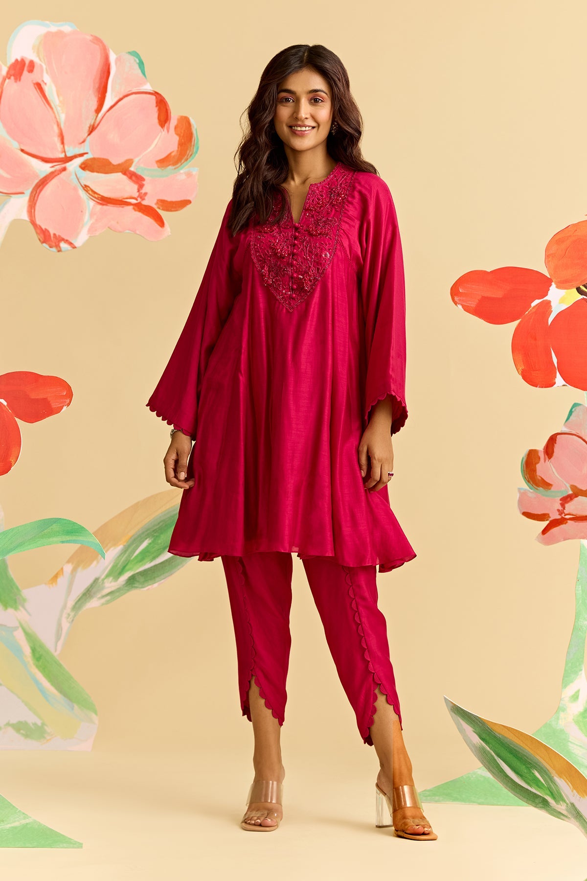 Deep Fuschia Silk Flared Short Kurta With Tulip Pants