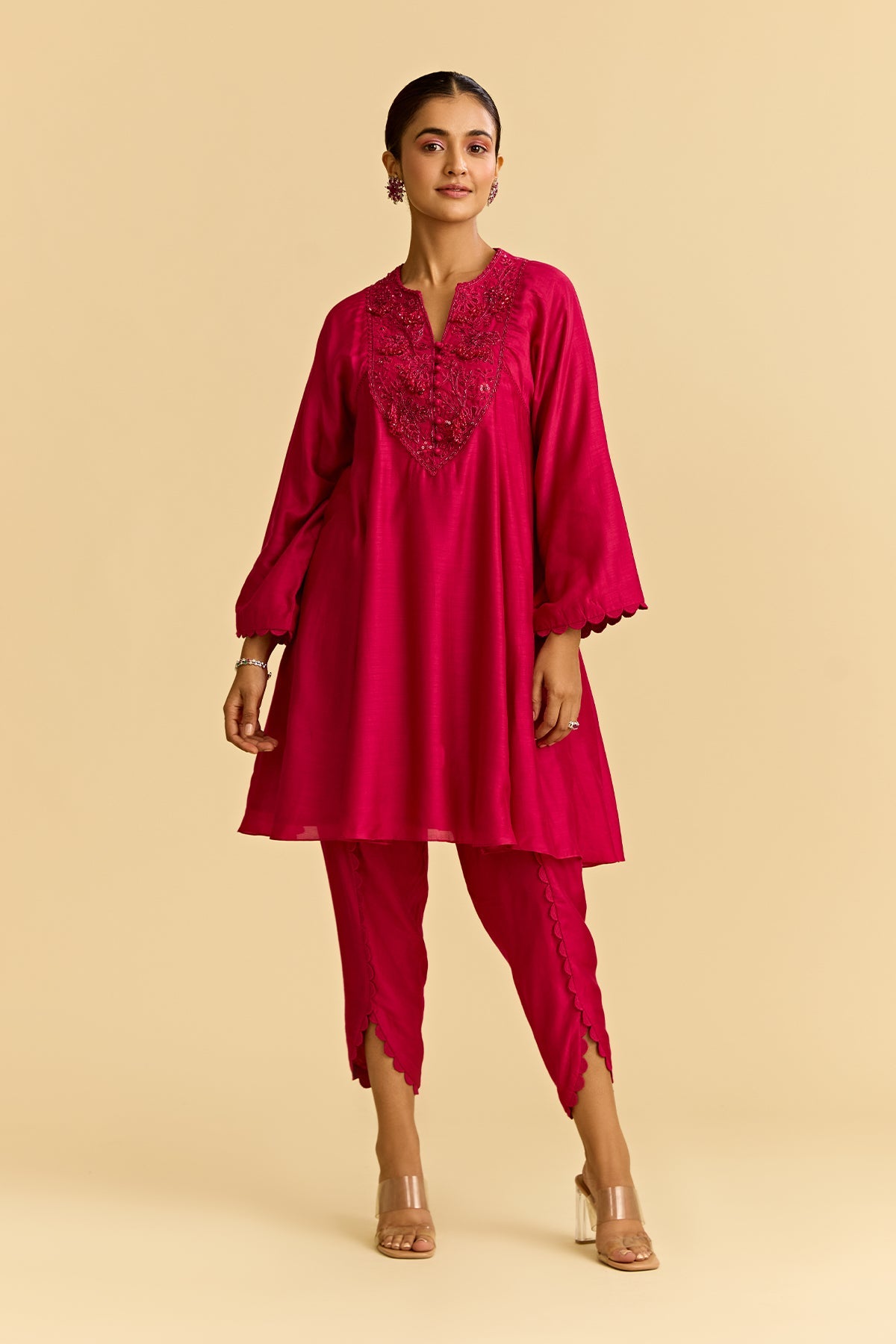 Deep Fuschia Silk Flared Short Kurta With Tulip Pants