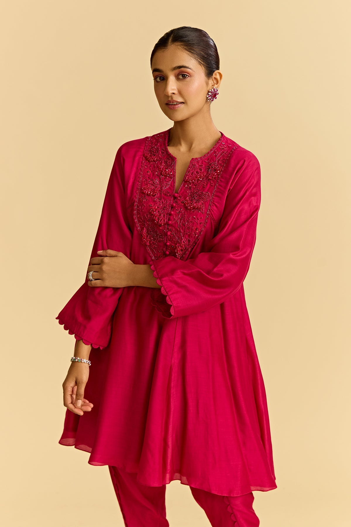 Deep Fuschia Silk Flared Short Kurta With Tulip Pants