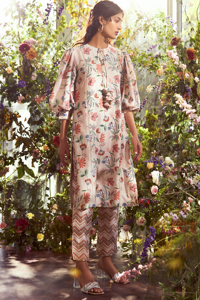 RIDHI-MEHRA-Beige Big Floral printed Chanderi long kurta. Beige chevron printed chanderi pants.  
