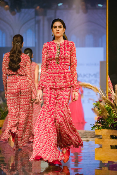 RIDHI-MEHRA-Deep Fuschia Printed Peplum Top with Garara