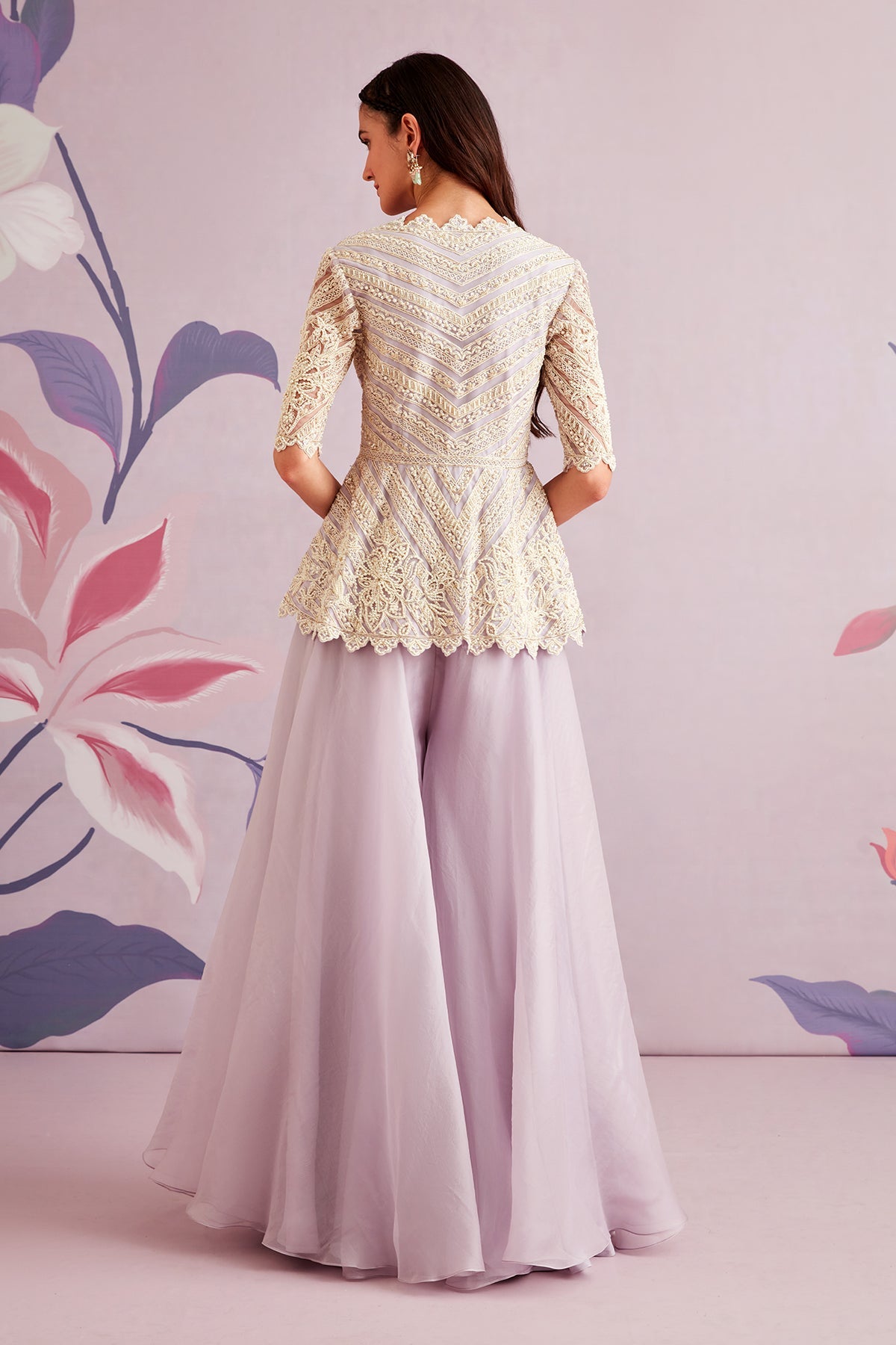 RIDHI-MEHRA-Embroidered net peplum top with organza garara 