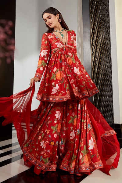 RIDHI-MEHRA-Embroidered printed silk short Anarkali and garara paired with net dupatta