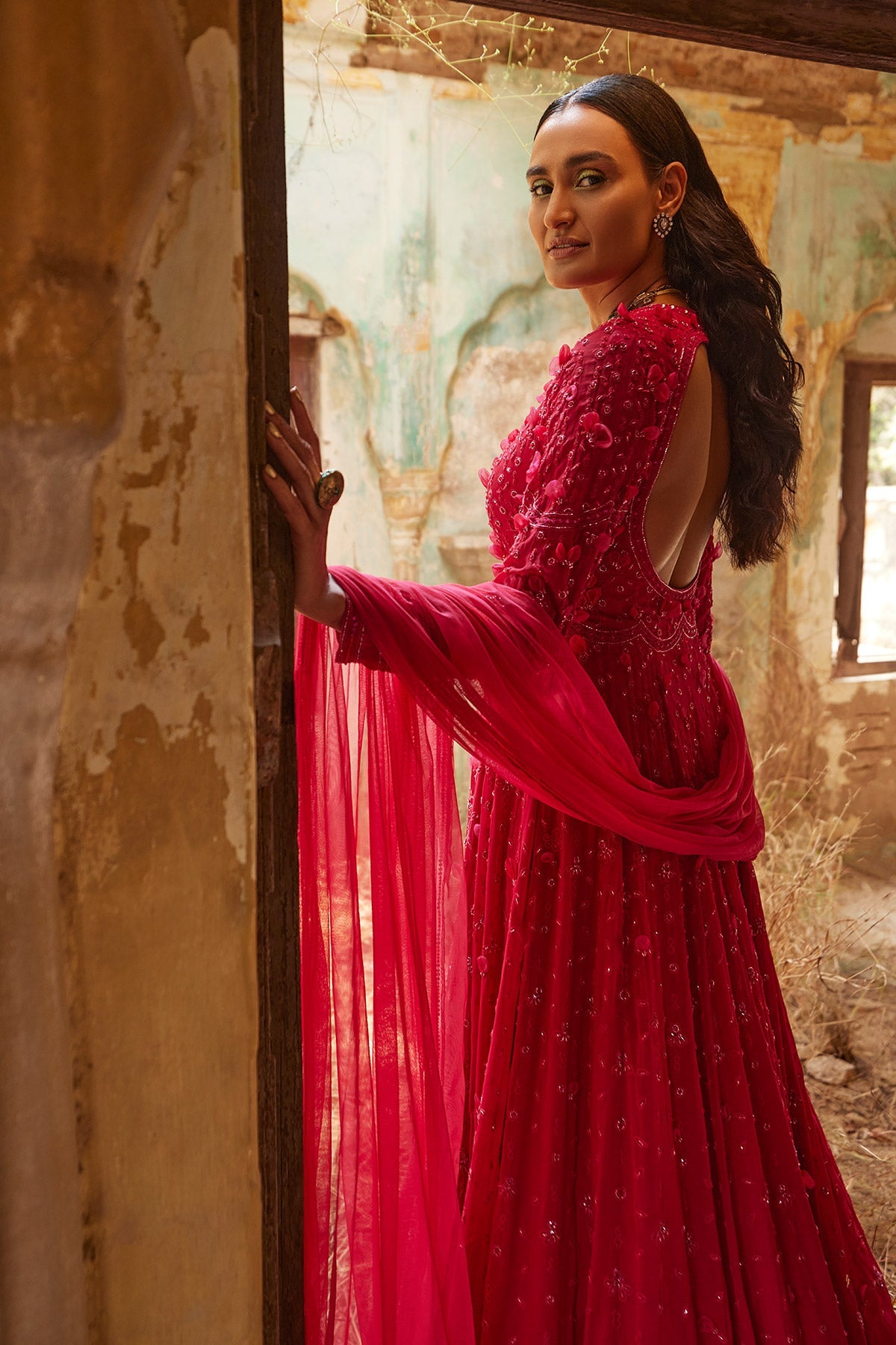 RIDHI-MEHRA-FUCHSIA GEORGETTE EMBROIDERED LONG ANARKALI