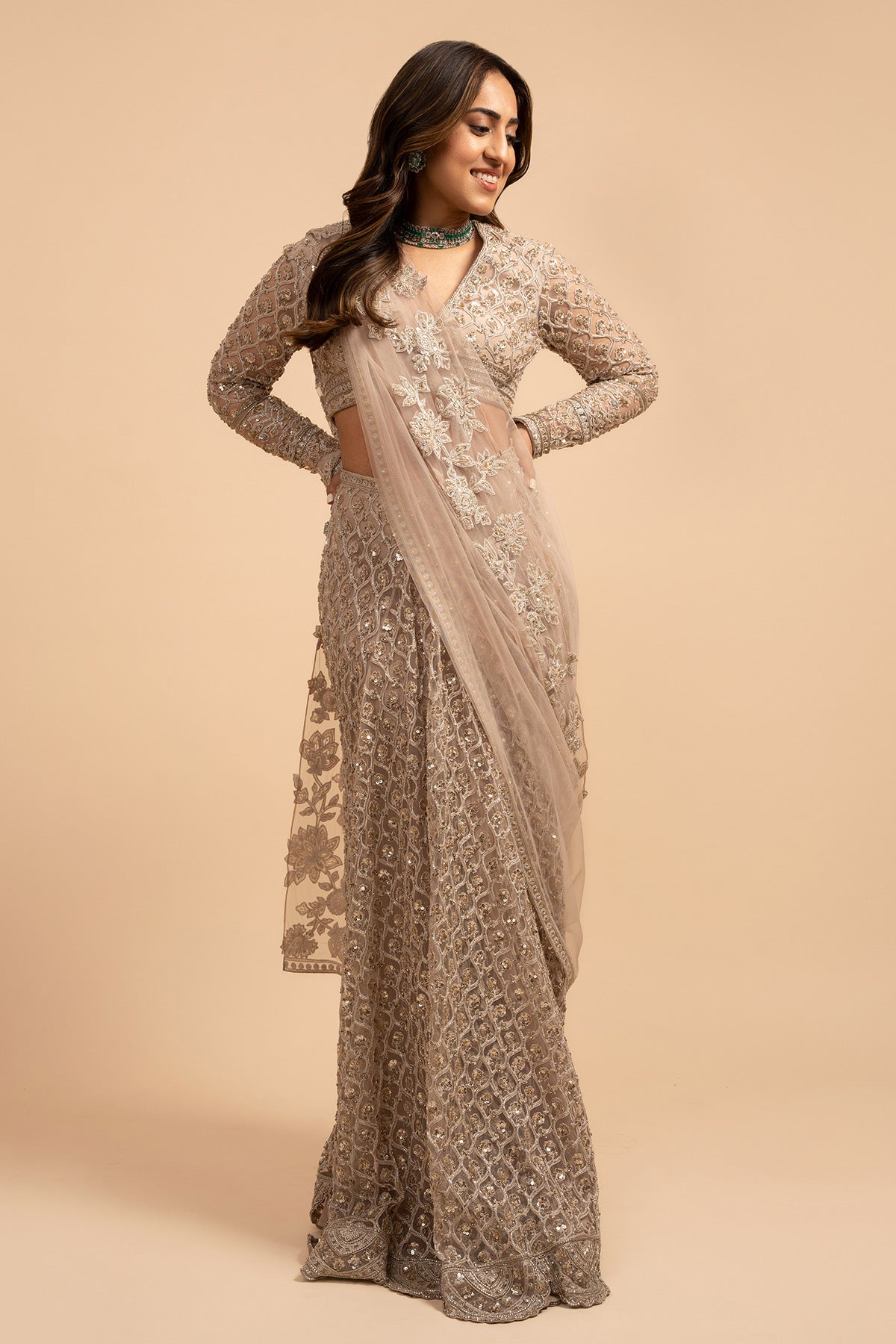 RIDHI-MEHRA-MAHA-CHAMPAGNE NET EMBROIDERED SAREE