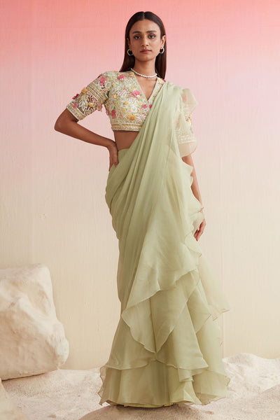 RIDHI-MEHRA-MINT GREEN NET EMBROIDERED SAREE