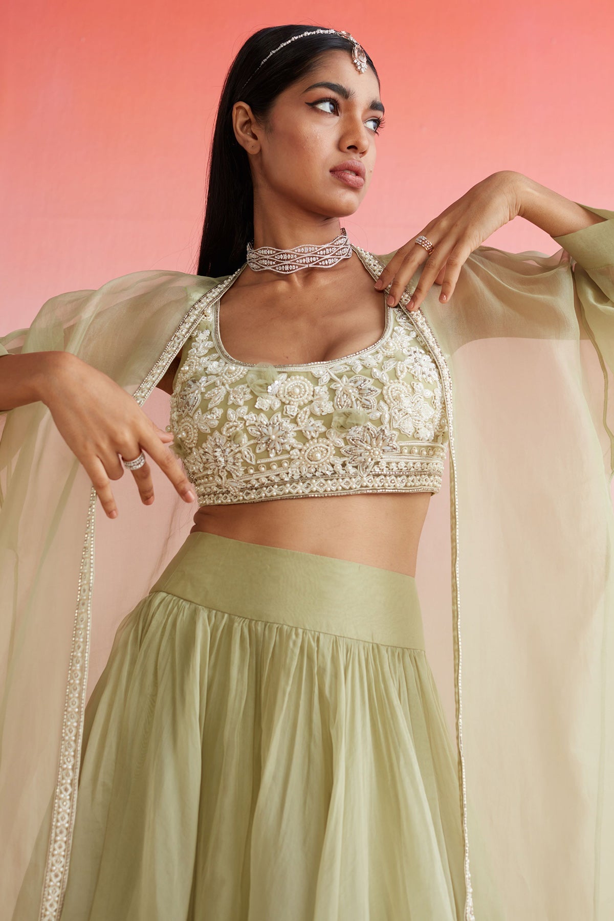 RIDHI-MEHRA-MINT NET EMBROIDERED BLOUSE WITH PLAIN ORGANZA