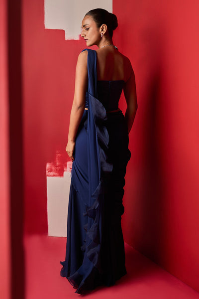 RIDHI-MEHRA-Navy satin Lycra draped corset with navy georgette draped saree