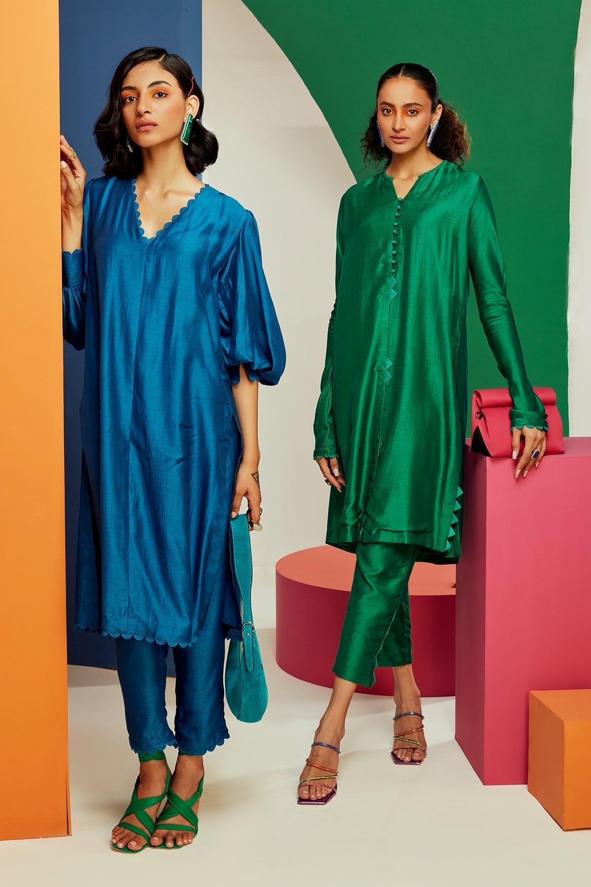 RIDHI-MEHRA-Royal blue silk straight long kurta with exaggerated sleeves paired with pants