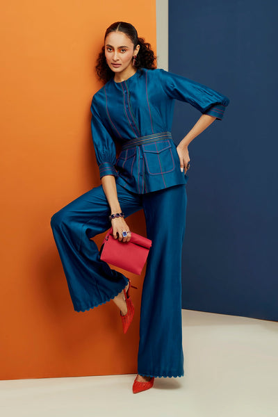 RIDHI-MEHRA-Royal blue achor detailed shirt and flared pants paired with anchor detailed belt