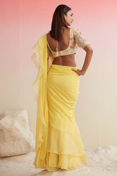 RIDHIMEHRA-YELLOW NET EMBROIDERED SAREE