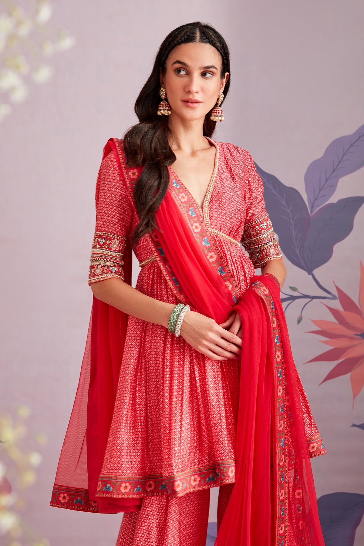 RIDHI-MEHRA  Embroidered printed silk short Anarkali and garara paired with net dupatta