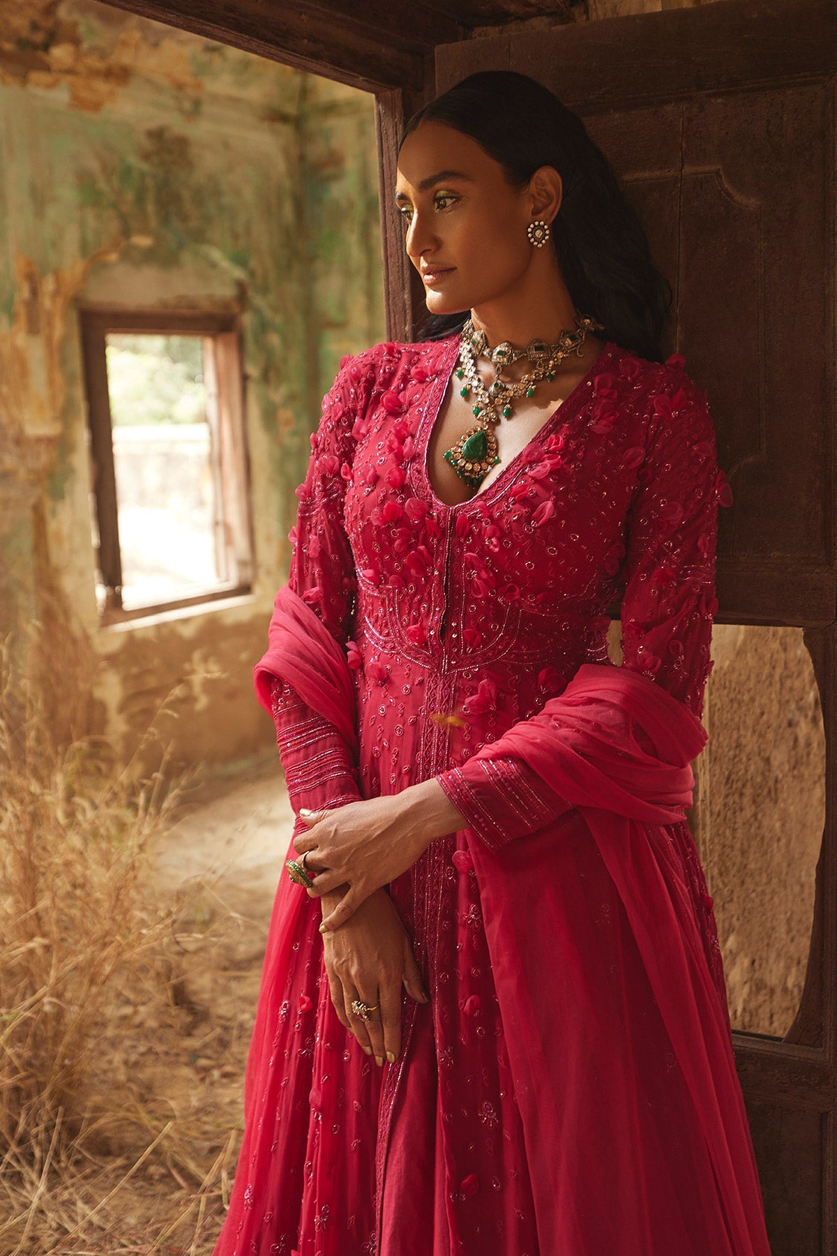 RIDHIMEHRA-FUCHSIA GEORGETTE EMBROIDERED LONG ANARKALI