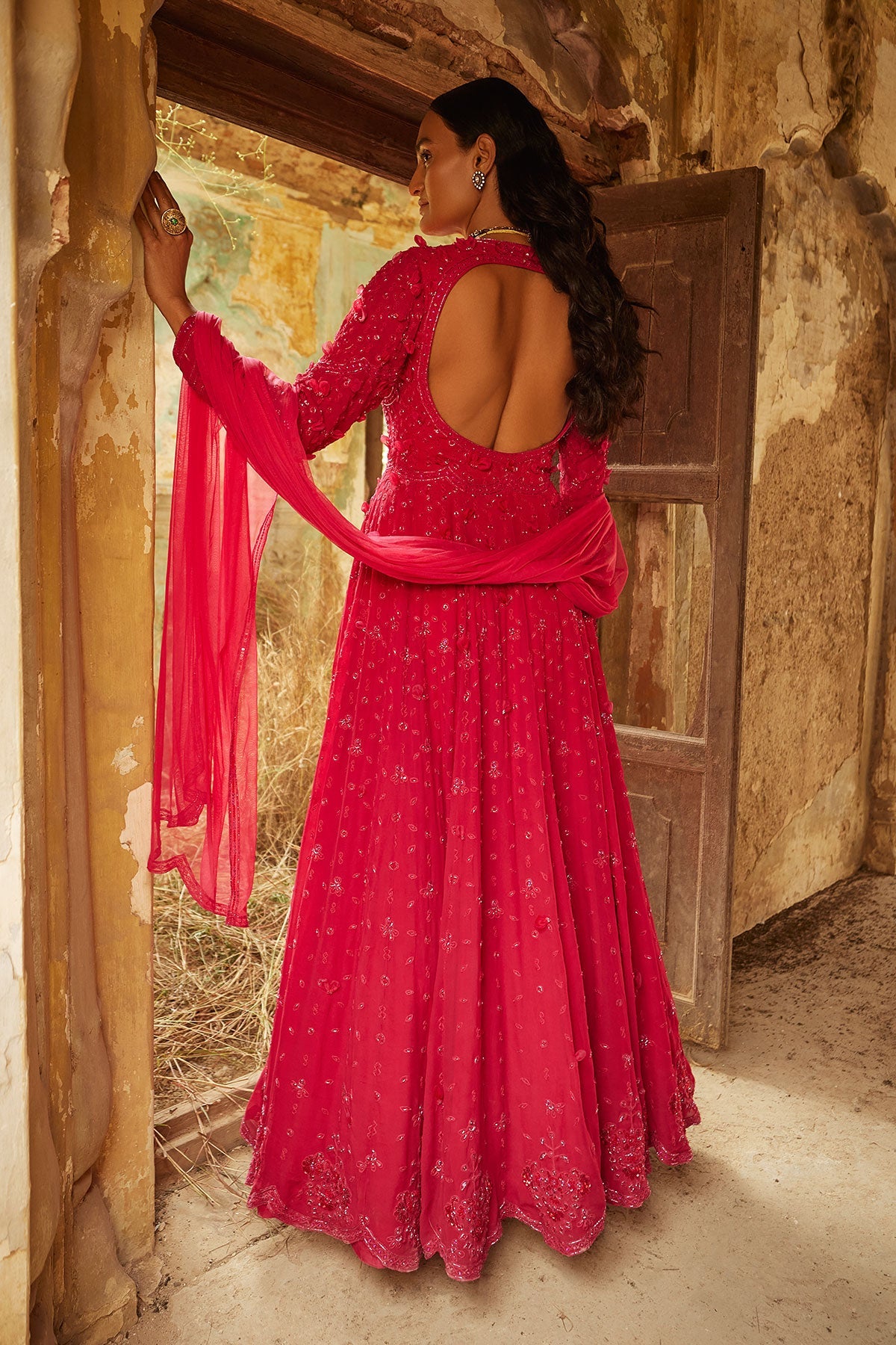 RIDHIMEHRA-FUCHSIA GEORGETTE-EMBROIDERED LONG ANARKALI