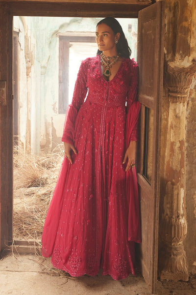 RIDHIMEHRA-FUCHSIA GEORGETTE EMBROIDERED LONG ANARKALI