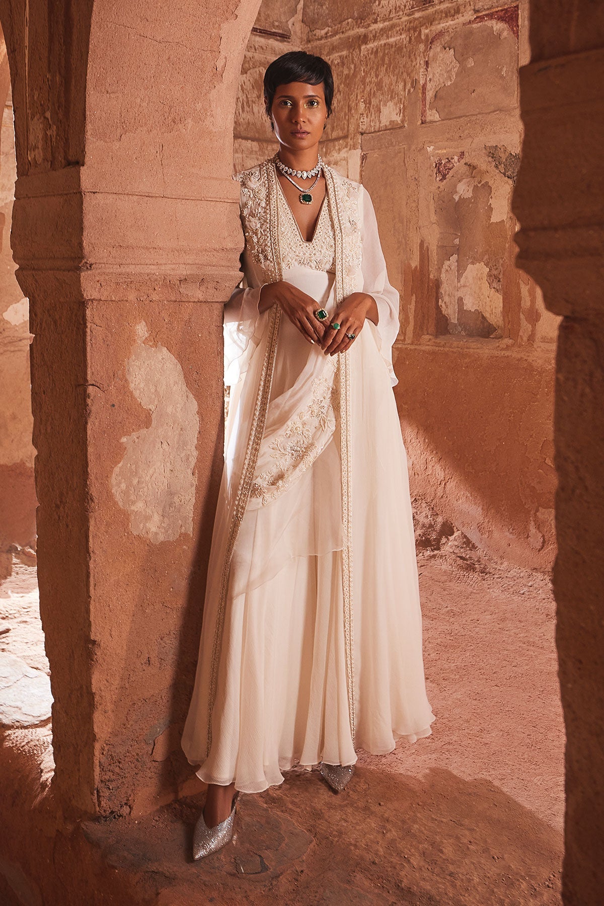 RIDHIMEHRA-IVORY EMBROIDERED CHIFFON JACKET