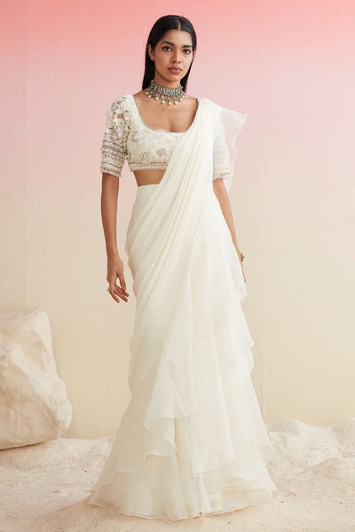 RIDHIMEHRA-IVORY NET EMBROIDERED SAREE