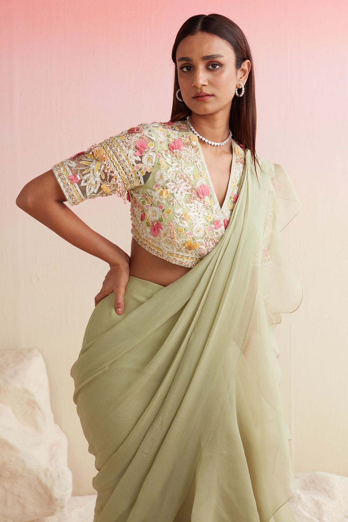 RIDHIMEHRA-MINT GREEN NET EMBROIDERED SAREE