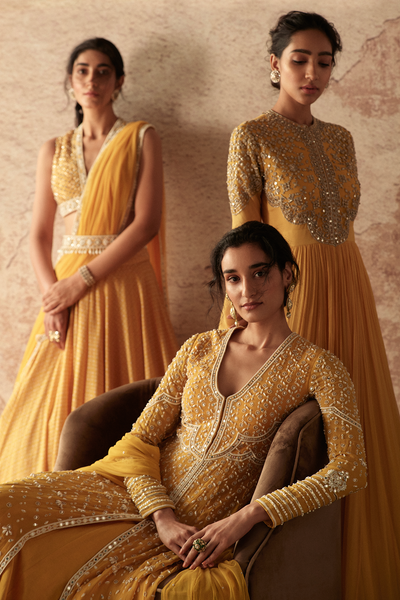 RIDHI_MEHRA_Ochre yellow chiffon embroidered anarkali