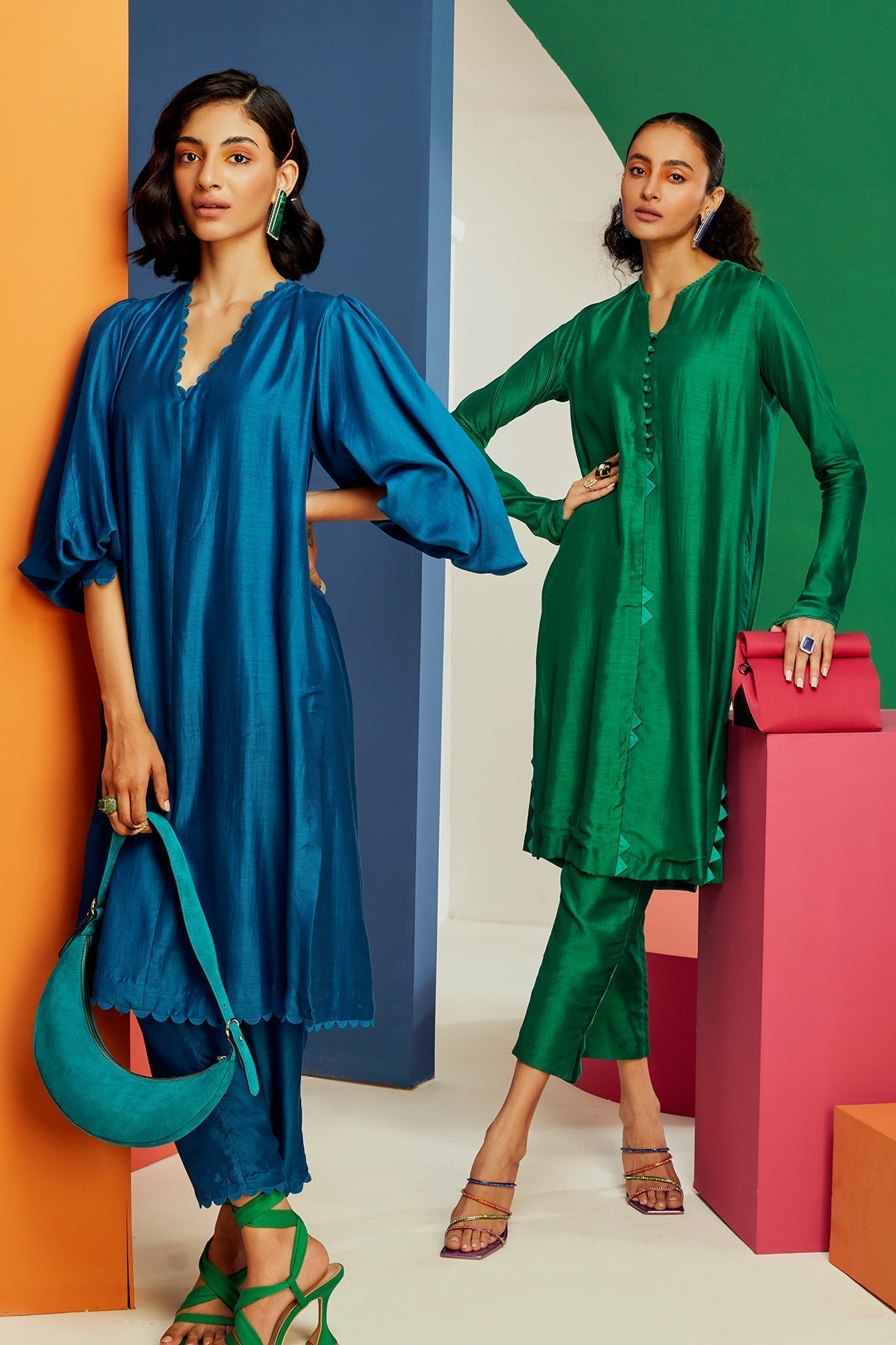 RIDHI_MEHRA_Royal blue silk straight long kurta with exaggerated sleeves paired with pants