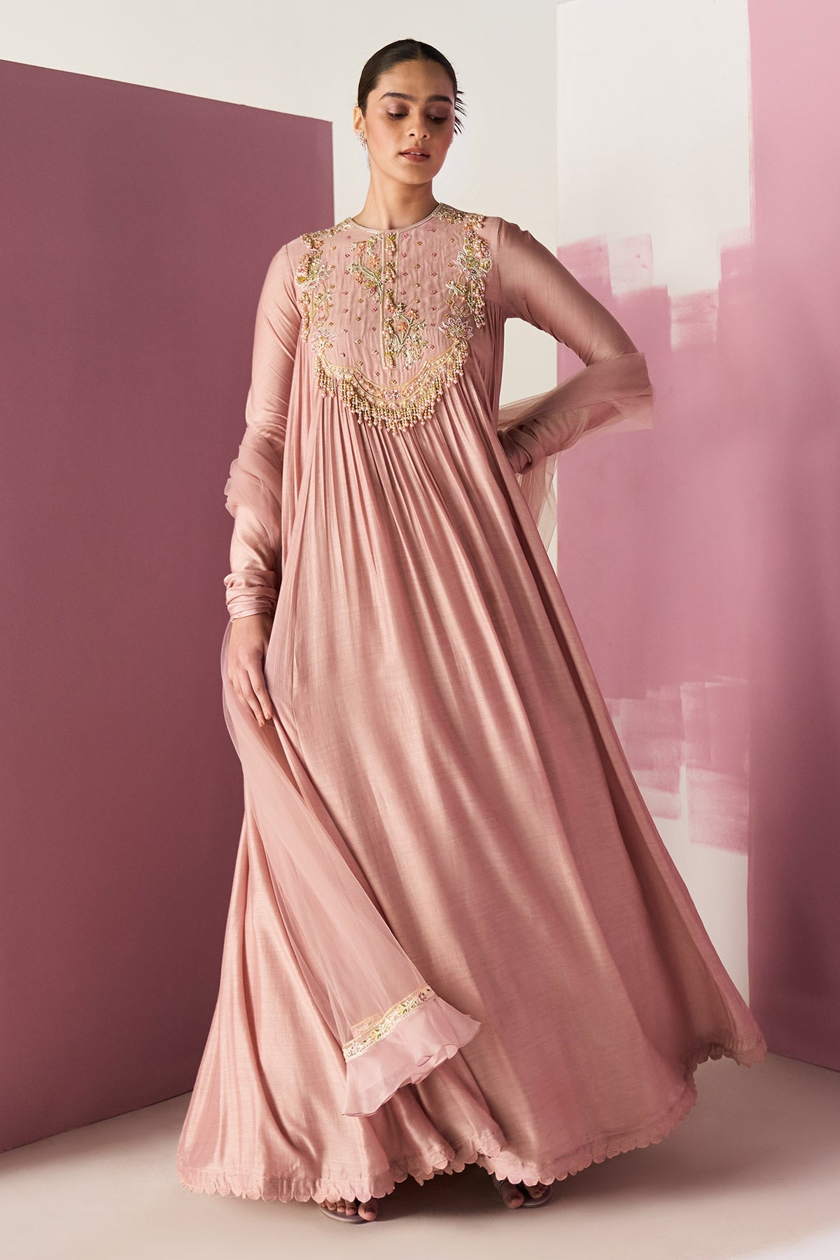 RM--Dusky Pink Fine Silk Long Anarkali 