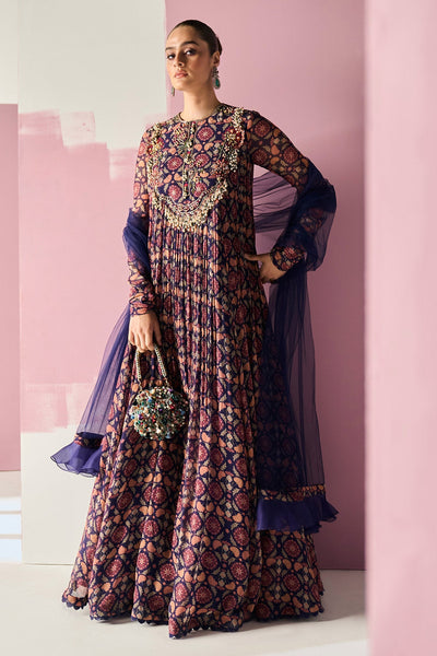 RM--Navy Printed Chiffon Full Length Anarkali 