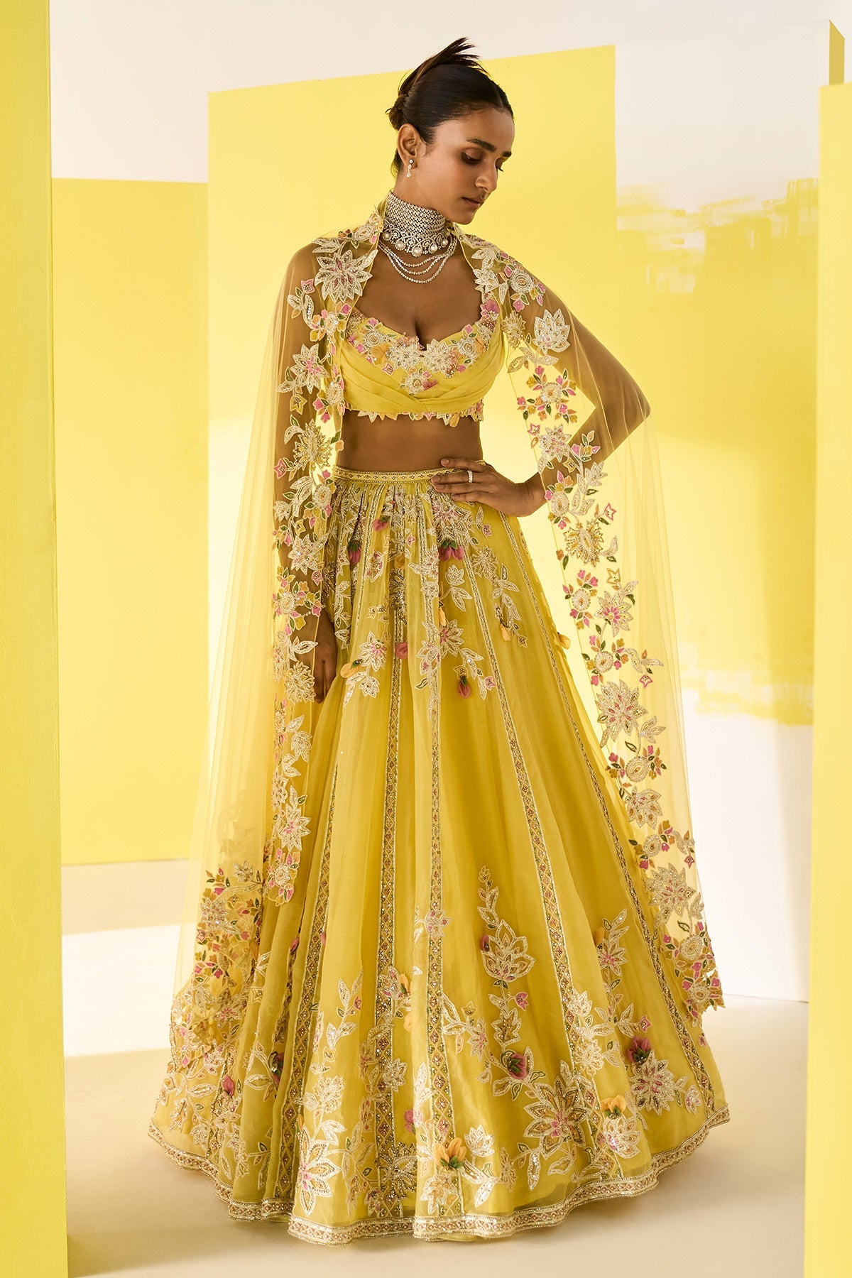 RM--Yellow Organza Multicoloured Embroidered Lehenga