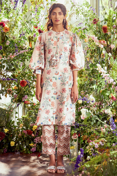 RM-Beige Big Floral printed Chanderi long kurta. Beige chevron printed chanderi pants.  