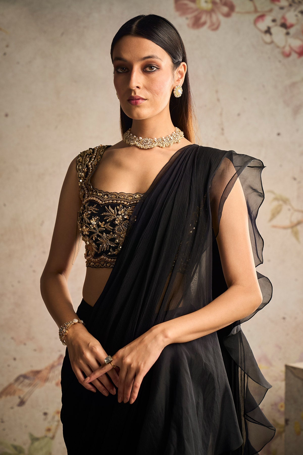 RM-Black Net Gold Embroidered Saree