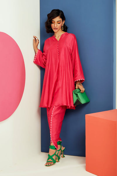 RM-Bright Fucshia silk flared short kurta with tulip pants