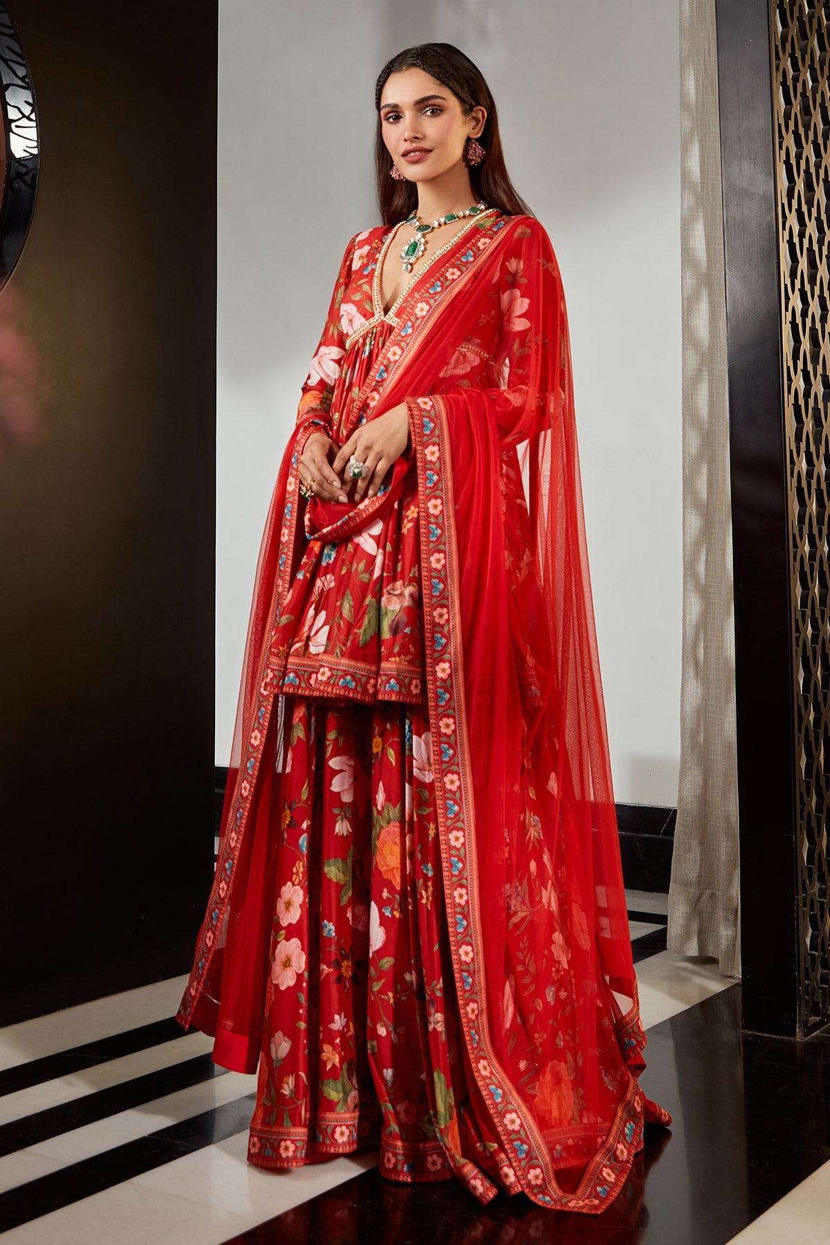 RM-Embroidered printed silk short Anarkali and garara paired with net dupatta