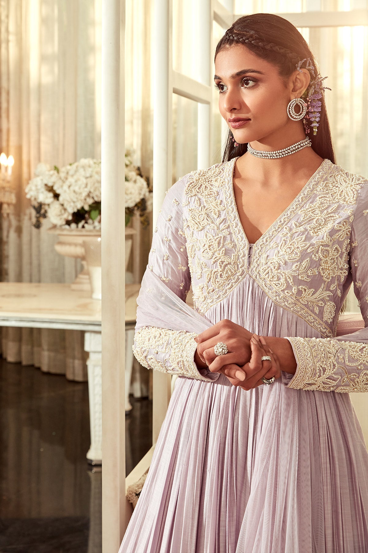 RM-Embroidered silk-ruched-Anarkali-paired-with-net-dupatta.