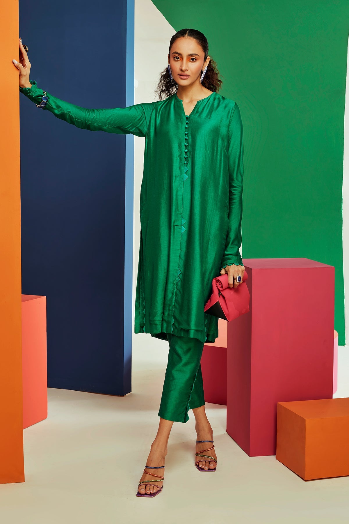 RM-Green silk straight long kurta with churi sleeves paired with pants