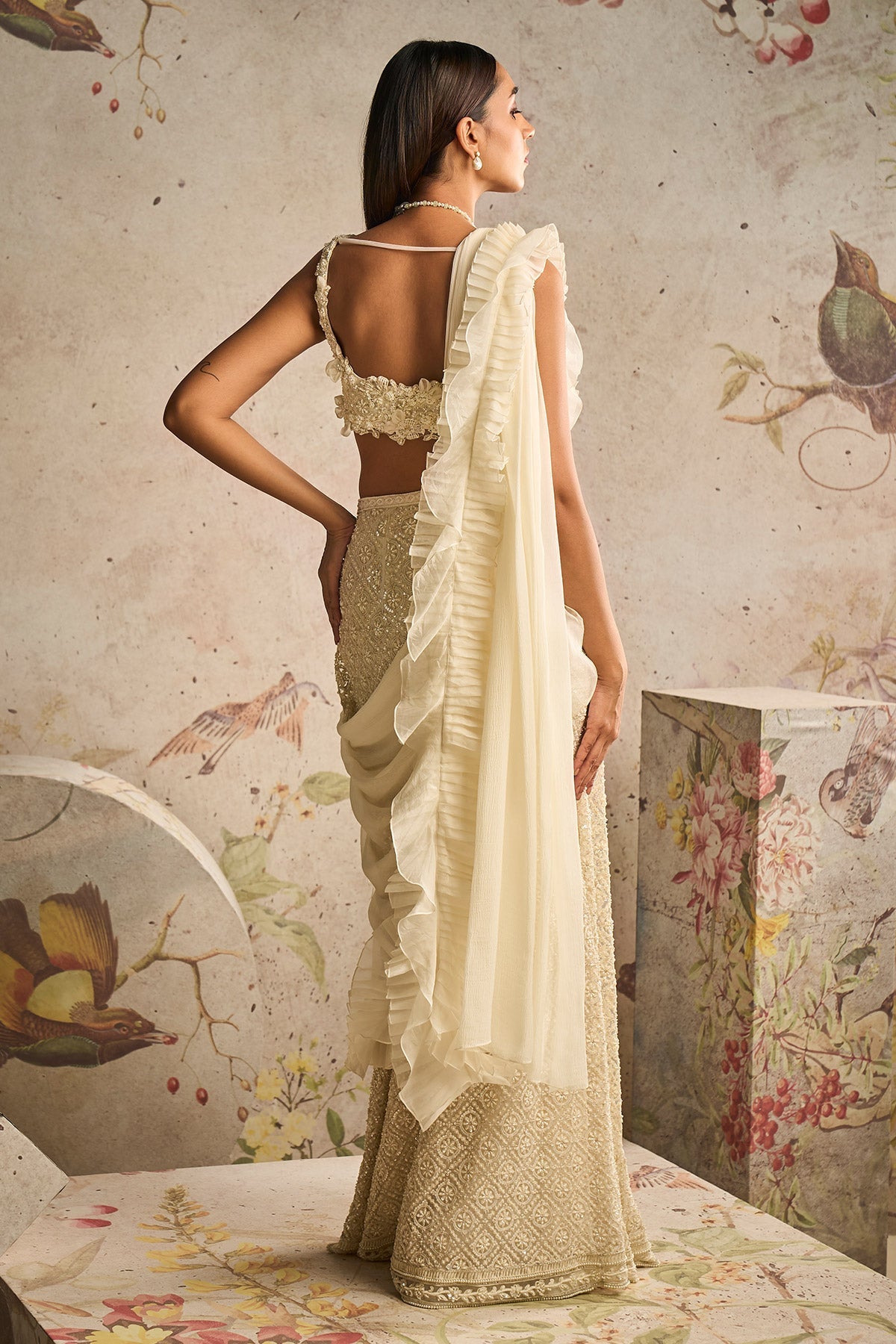 RM-Ivory Net Embroidered Blouse and Heavy Embroidered Skirt Paired With Chiffon Organza Ruffled Drape