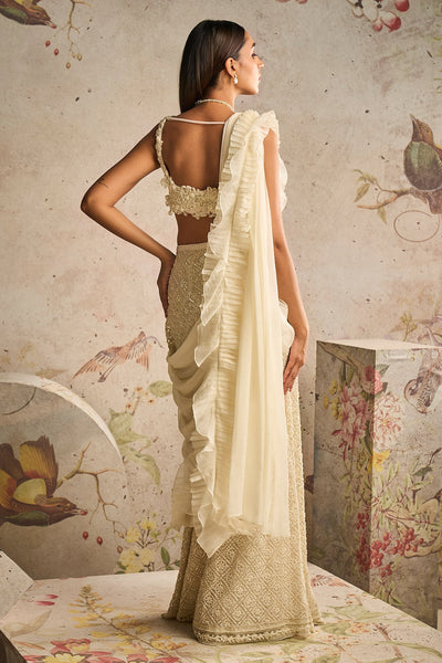 RM-Ivory Net Embroidered Blouse and Heavy Embroidered Skirt Paired With Chiffon Organza Ruffled Drape