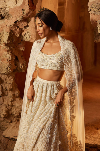 RM-Ivory Net Embroidered Lehenga, Blouse And Dupatta