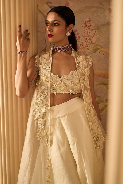 RM-Ivory Pearl Embroidered Blouse Paired With Organza Sharara and Embroidered Organza Sleeveless Jacket