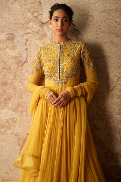 RM-Ochre yellow chiffon embroidered anarkali