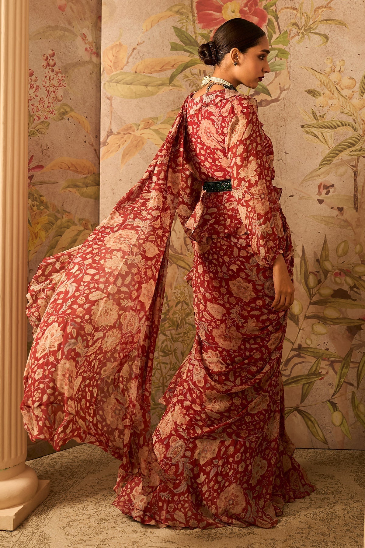 RM-Red-Printed-Chiffon-Overlap-Jacket Paired With Printed Chiffon Draped Saree and Jewelled Belt