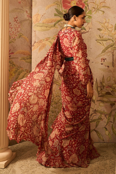 RM-Red-Printed-Chiffon-Overlap-Jacket Paired With Printed Chiffon Draped Saree and Jewelled Belt