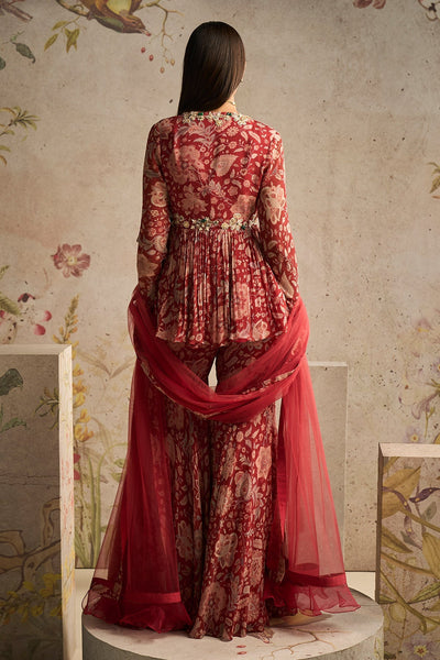 RM-Red Printed Chiffon Peplum Paired With Printed Chiffon Gharara and Net Dupatta