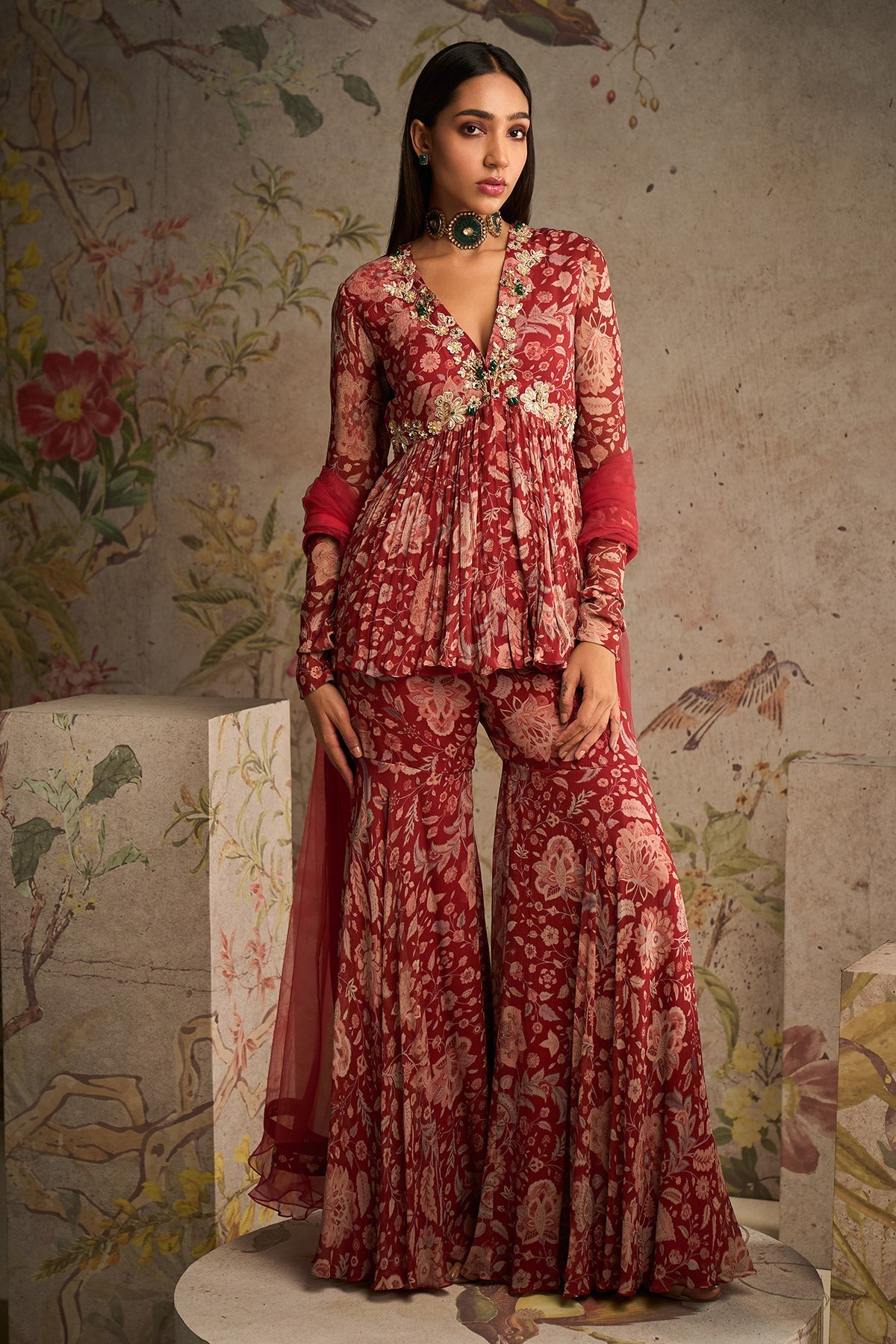 RM-Red Printed Chiffon Peplum Paired With Printed Chiffon Gharara and Net Dupatta