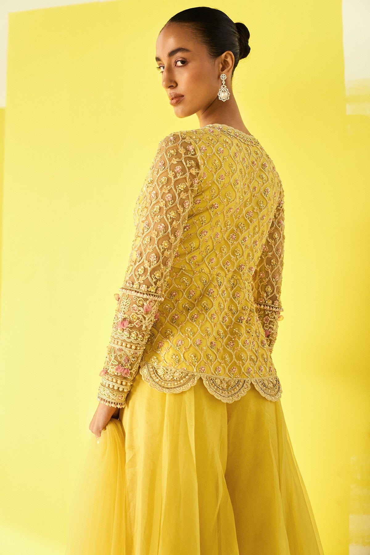 RM-Yellow Net Embroidered Peplum Sharara